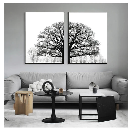 Tableau décoratif noir et blanc – affiches d'arbres style scandinave, décoration murale pour salon, impression artistique d'arbres d'hiver.