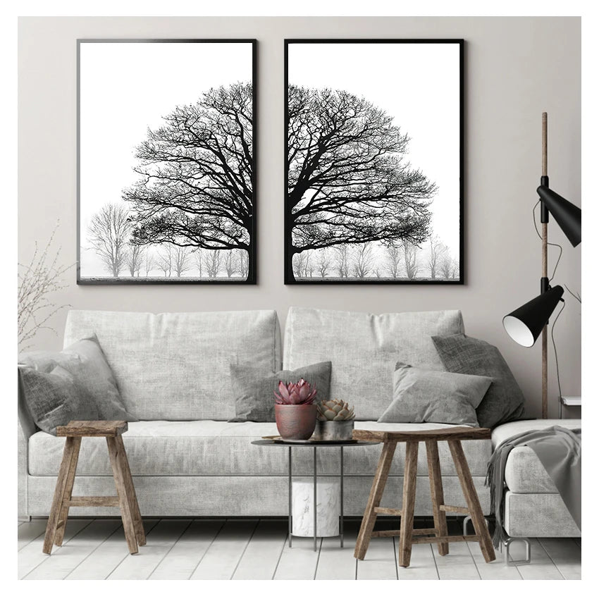 Tableau décoratif noir et blanc – affiches d'arbres style scandinave, décoration murale pour salon, impression artistique d'arbres d'hiver.