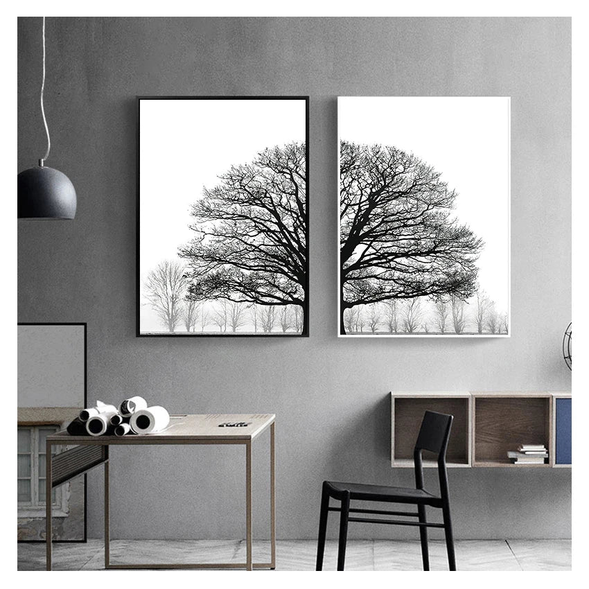 Tableau décoratif noir et blanc – affiches d'arbres style scandinave, décoration murale pour salon, impression artistique d'arbres d'hiver.