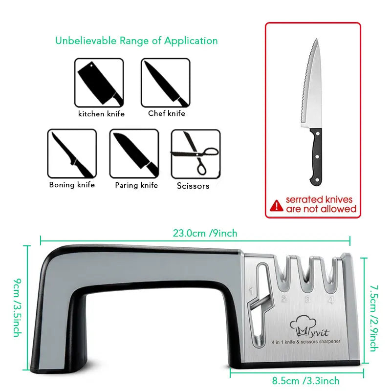 Aiguiseur de couteaux 4 en 1 – revêtement en diamant et tige fine, affûteur pour couteaux, cisailles et ciseaux, système d'affûtage pour lames en acier inoxydable.