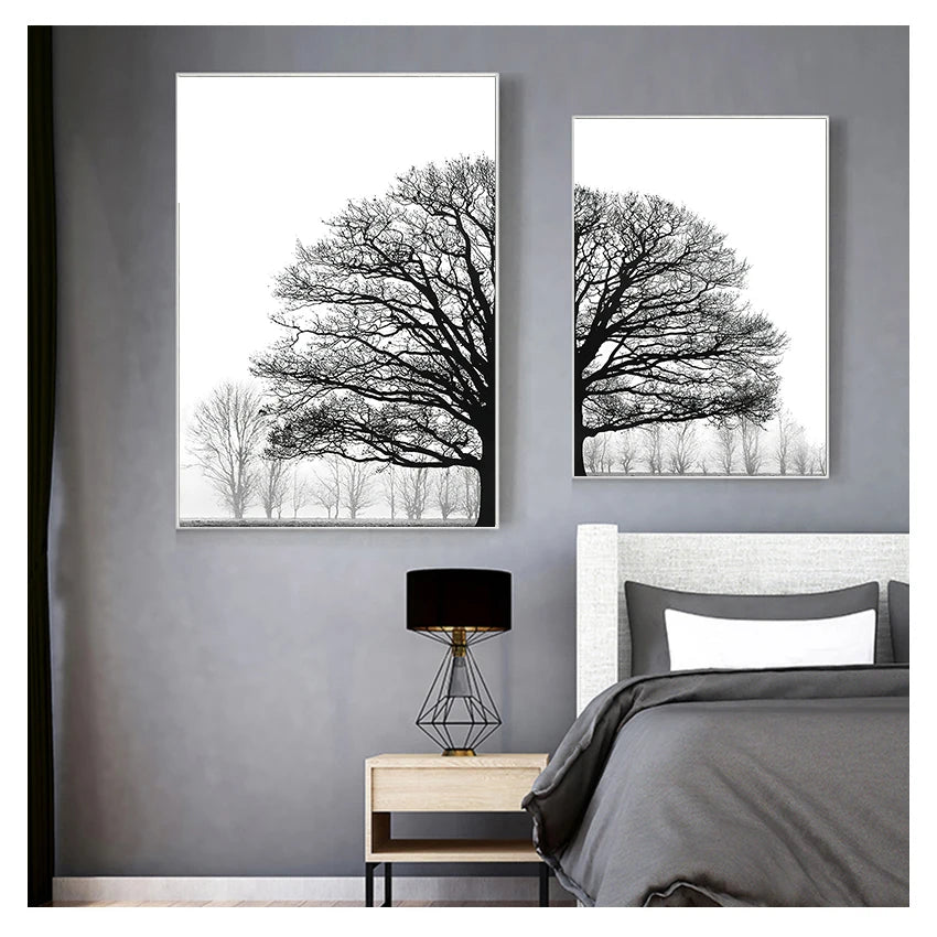 Tableau décoratif noir et blanc – affiches d'arbres style scandinave, décoration murale pour salon, impression artistique d'arbres d'hiver.