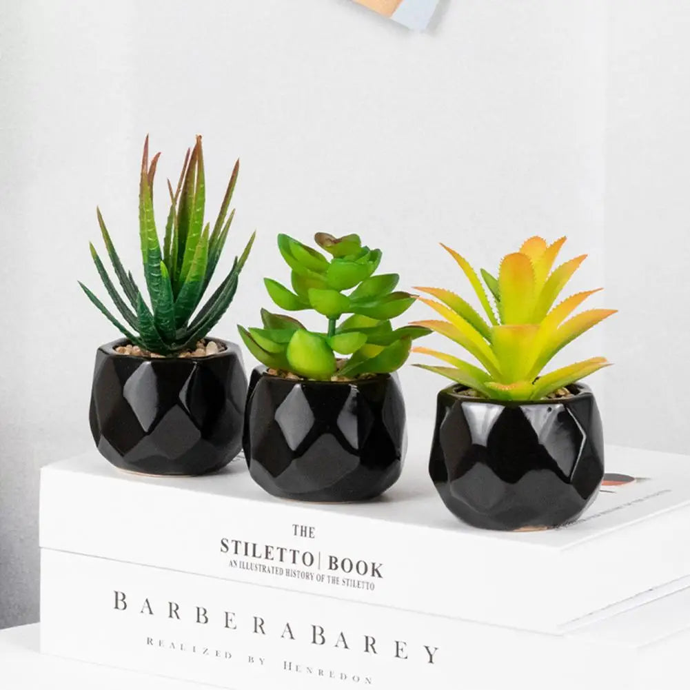 ensemble de plantes succulentes artificielles vertes en pot de céramique noire, bonsaï factice avec vase, décoration pour maison et balcon.