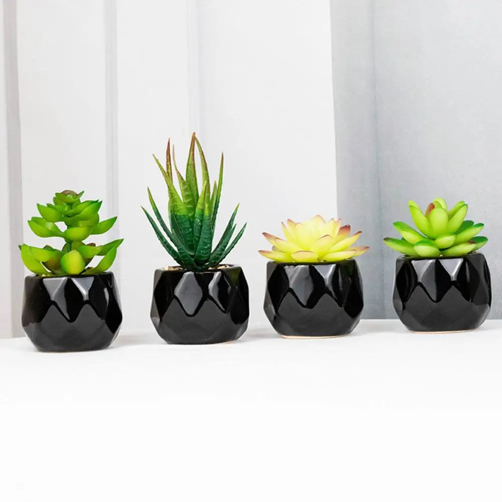 ensemble de plantes succulentes artificielles vertes en pot de céramique noire, bonsaï factice avec vase, décoration pour maison et balcon.