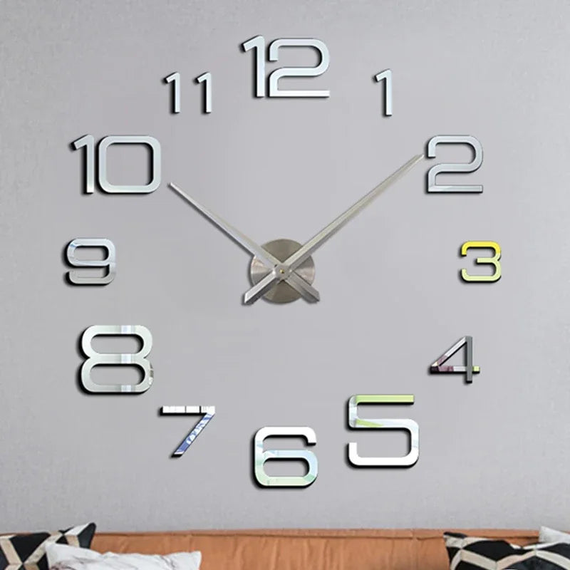 Grande horloge murale 3D DIY – horloge à quartz avec autocollants miroir en acrylique, décoration murale pour maison, salon et bureau, horloge suspendue.