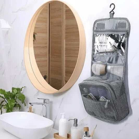 Trousse de toilette pliable – sac de rangement suspendu pour salle de bain, maquillage et voyage.