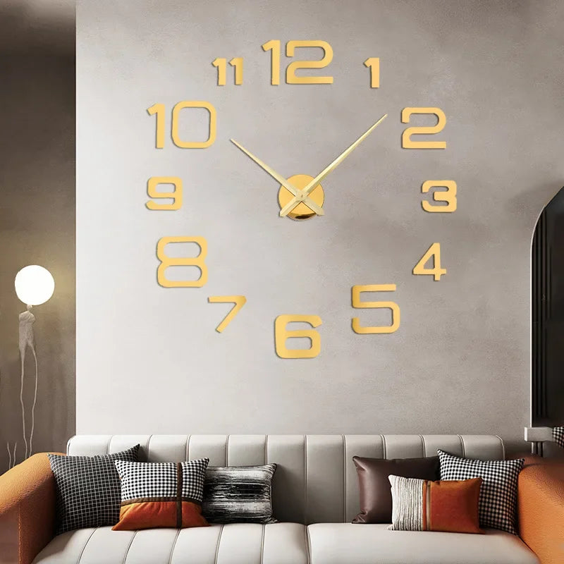 Grande horloge murale 3D DIY – horloge à quartz avec autocollants miroir en acrylique, décoration murale pour maison, salon et bureau, horloge suspendue.