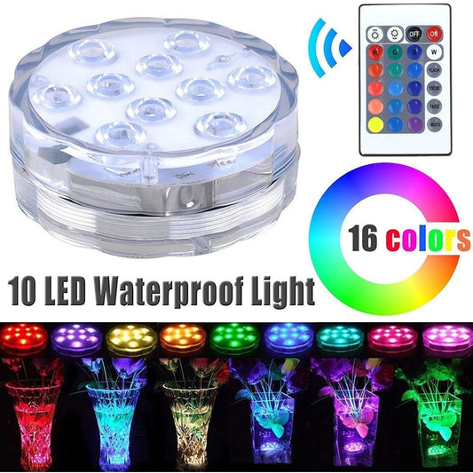 Lampe LED submersible 16 couleurs avec 10 LED – éclairage RGB avec télécommande, pour piscine, décoration sous-marine, fêtes du Nouvel An, jardin, vase et aquarium.