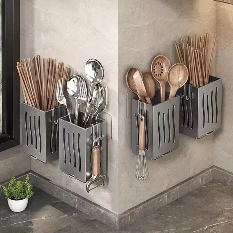 Organisateur multifonctionnel pour ustensiles de cuisine – rack de rangement, porte-baguettes égouttoir, organisateur mural ou autoportant pour couverts et vaisselle.