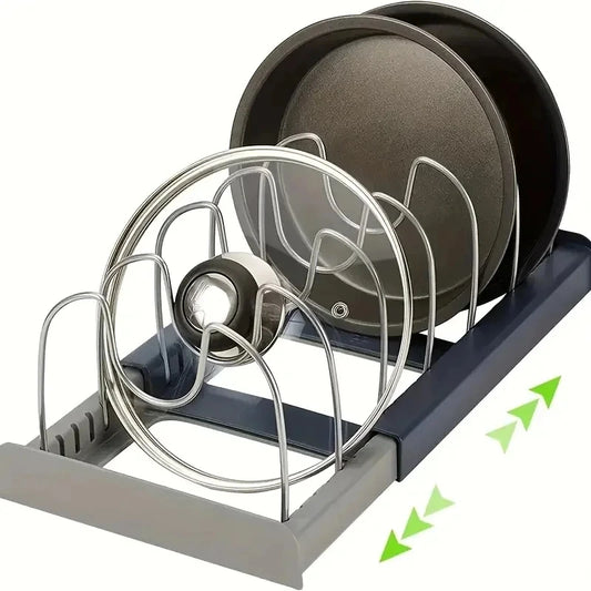 Étagère de rangement extensible en acier inoxydable – support pour armoire de cuisine, idéale pour casseroles, couvercles, planches à découper, égouttoir et organisation de la vaisselle.