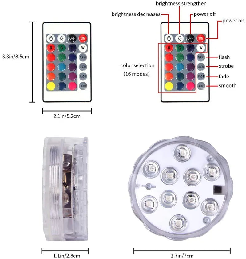 Lampe LED submersible 16 couleurs avec 10 LED – éclairage RGB avec télécommande, pour piscine, décoration sous-marine, fêtes du Nouvel An, jardin, vase et aquarium.