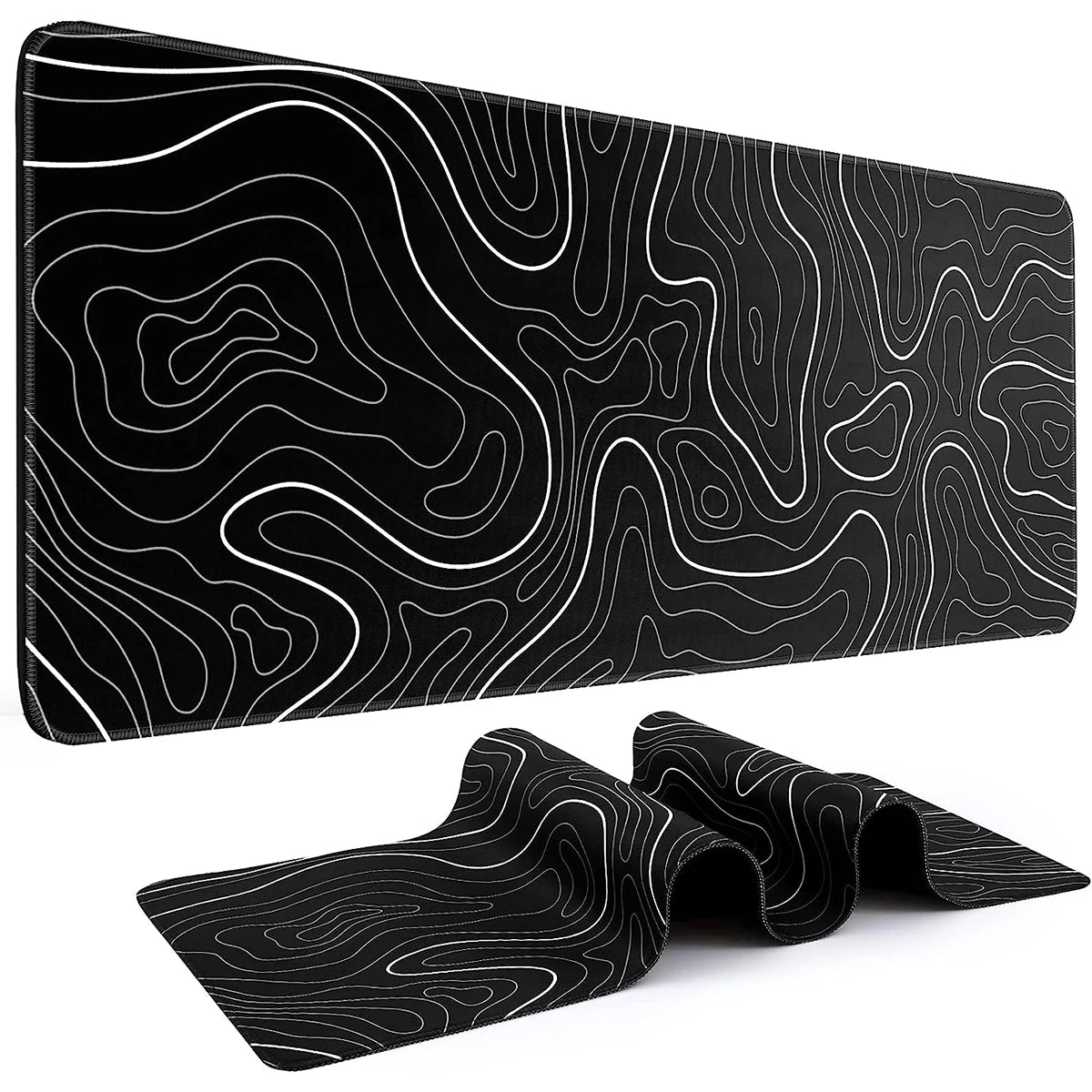 1 Pièce - Tapis de Souris Gaming Grand Format  Tapis de Clavier 31,5 x 11,8 pouces | Design Topographique Noir et Blanc | Surface Lisse & Base Antidérapante