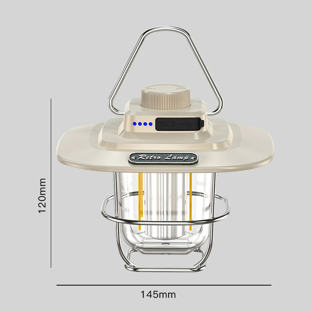 Lumières décoratives LED suspendues – lampe étanche rétro pour tente de camping, avec indicateur de batterie, crochet et intensité réglable, idéale pour l'équipement extérieur.