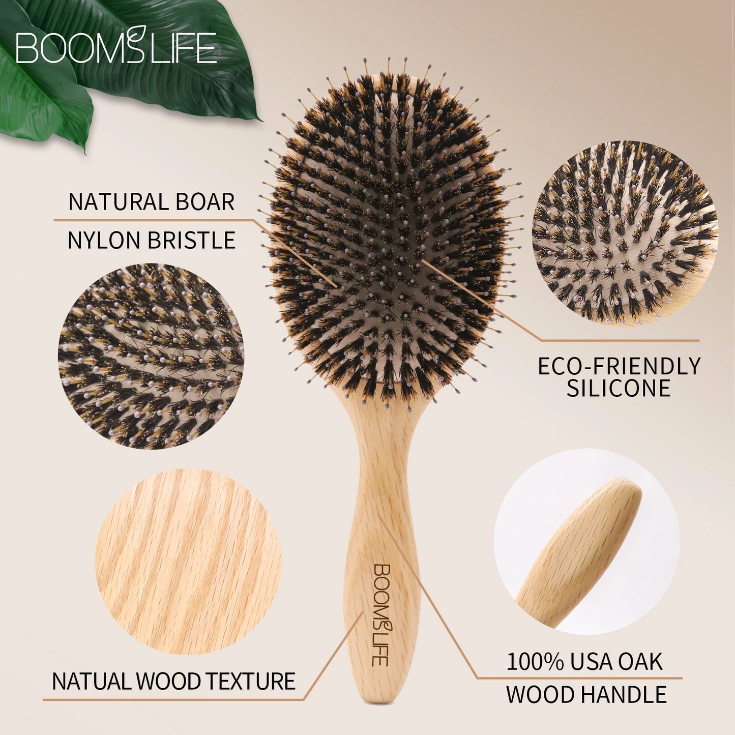 Brosse à cheveux en poils de sanglier – peigne en bois de chêne pour coiffage, massage du cuir chevelu, brosse de salon de beauté et accessoires de barbier.