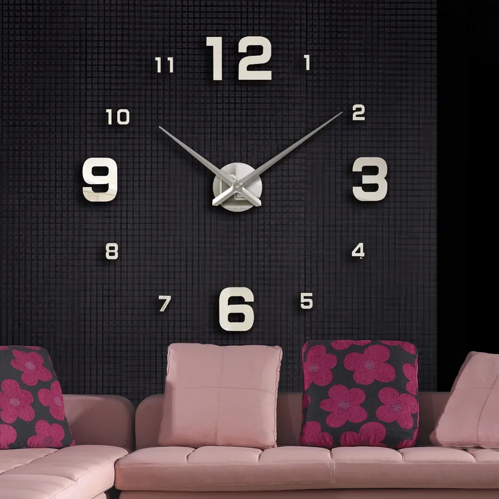 Grande horloge murale 3D DIY – horloge à quartz avec autocollants miroir en acrylique, décoration murale pour maison, salon et bureau, horloge suspendue.