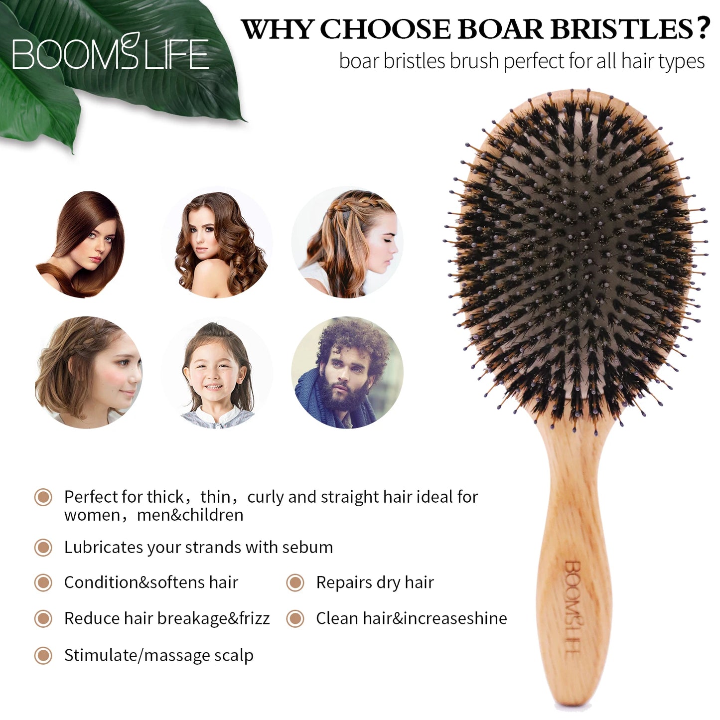 Brosse à cheveux en poils de sanglier – peigne en bois de chêne pour coiffage, massage du cuir chevelu, brosse de salon de beauté et accessoires de barbier.