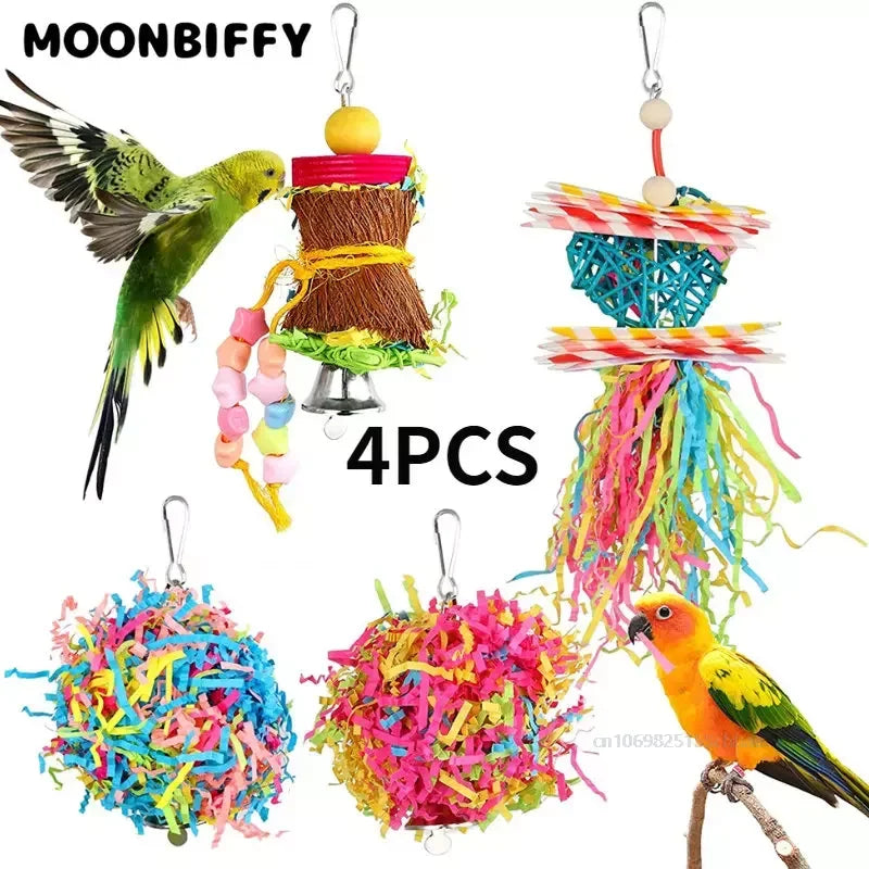 Lot de 4 jouets pour oiseaux – accessoires à mâcher pour perroquets, jouets suspendus pour cage, articles de Noël pour animaux de compagnie.