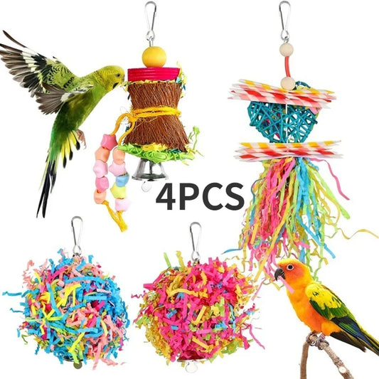 Lot de 4 jouets pour oiseaux – accessoires à mâcher pour perroquets, jouets suspendus pour cage, articles de Noël pour animaux de compagnie, vogel speelgoed.