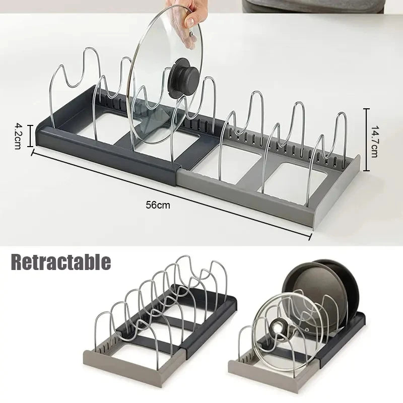 Étagère de rangement extensible en acier inoxydable – support pour armoire de cuisine, idéale pour casseroles, couvercles, planches à découper, égouttoir et organisation de la vaisselle.