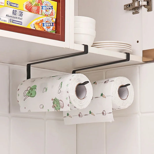 Étagère de rangement suspendue créative sans perçage – porte-serviettes en papier de cuisine, porte-papier pour armoire et support pour film plastique.