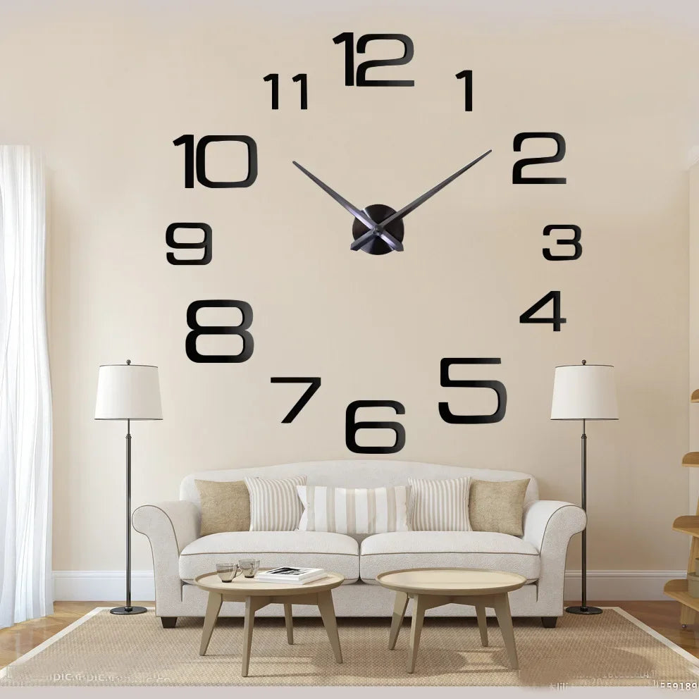 Grande horloge murale 3D DIY – horloge à quartz avec autocollants miroir en acrylique, décoration murale pour maison, salon et bureau, horloge suspendue.