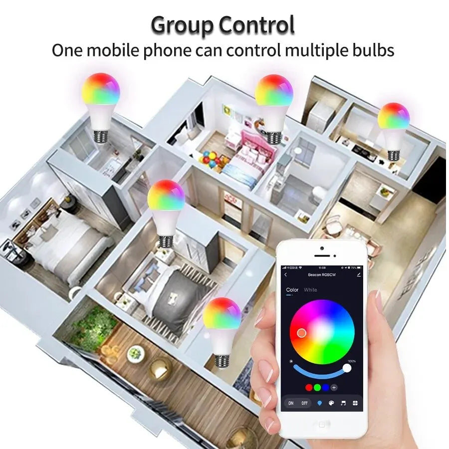 Ampoule LED intelligente 15W E27 Tuya – contrôle via l'application Smart Life, RGB dimmable, compatible avec la maison et la chambre, AC 85-265V.