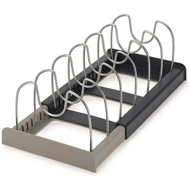 Étagère de rangement extensible en acier inoxydable – support pour armoire de cuisine, idéale pour casseroles, couvercles, planches à découper, égouttoir et organisation de la vaisselle.