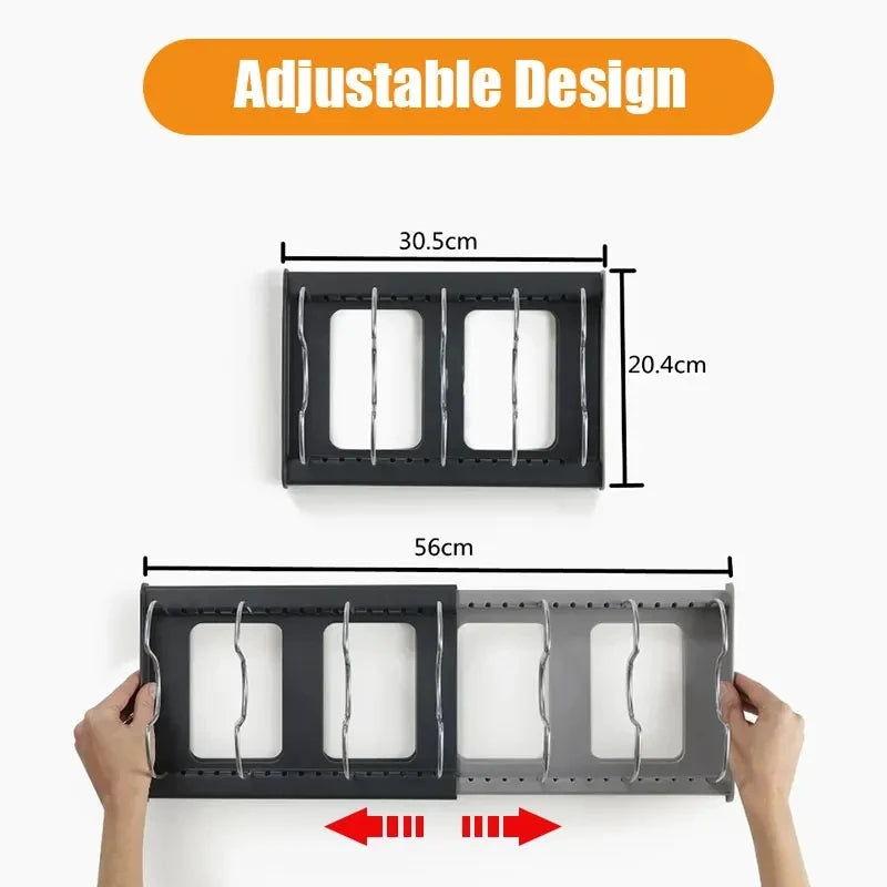 Étagère de rangement extensible en acier inoxydable – support pour armoire de cuisine, idéale pour casseroles, couvercles, planches à découper, égouttoir et organisation de la vaisselle.