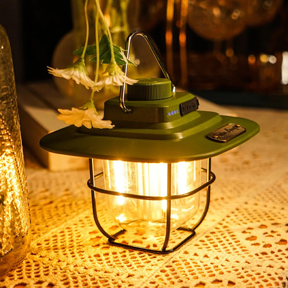 Lumières décoratives LED suspendues – lampe étanche rétro pour tente de camping, avec indicateur de batterie, crochet et intensité réglable, idéale pour l'équipement extérieur.