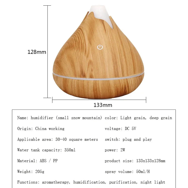 Diffuseur d'huiles essentielles aromathérapie 350ML – grain de bois, télécommande, humidificateur à ultrasons avec éclairage LED 7 couleurs.