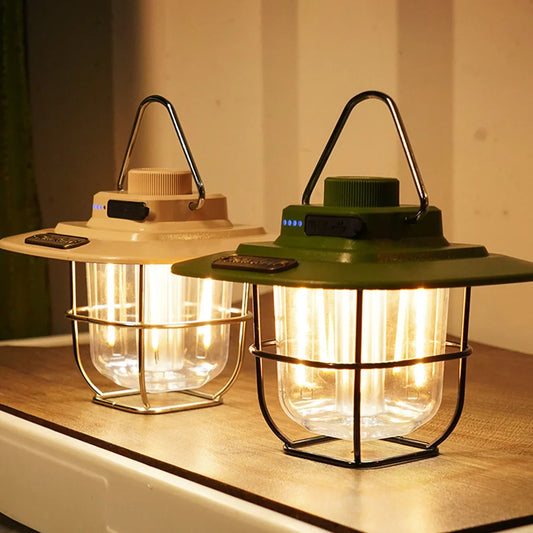 Lumières décoratives LED suspendues – lampe étanche rétro pour tente de camping, avec indicateur de batterie, crochet et intensité réglable, idéale pour l'équipement extérieur.