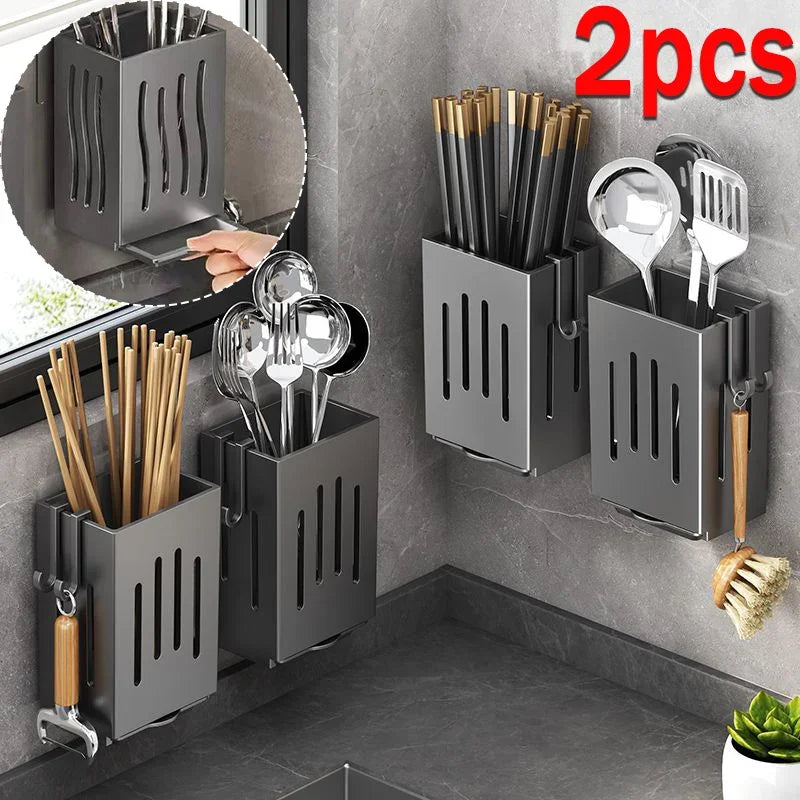 Organisateur multifonctionnel pour ustensiles de cuisine – rack de rangement, porte-baguettes égouttoir, organisateur mural ou autoportant pour couverts et vaisselle.