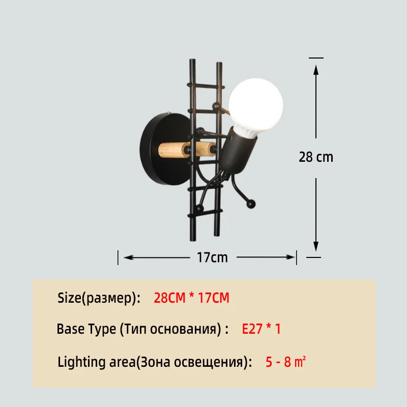 Applique murale rétro américaine Nodic – lampe murale créative en fer et métal de petite taille, avec design simple de robot cartoon, décoration artistique pour chambre et lumière plongeante.