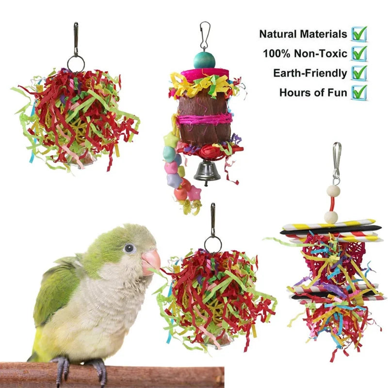 Lot de 4 jouets pour oiseaux – accessoires à mâcher pour perroquets, jouets suspendus pour cage, articles de Noël pour animaux de compagnie.