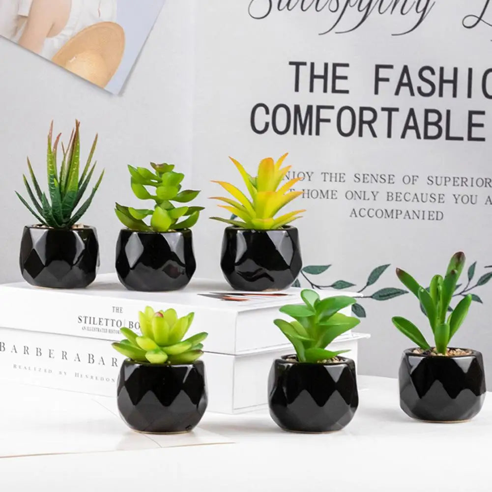 ensemble de plantes succulentes artificielles vertes en pot de céramique noire, bonsaï factice avec vase, décoration pour maison et balcon.