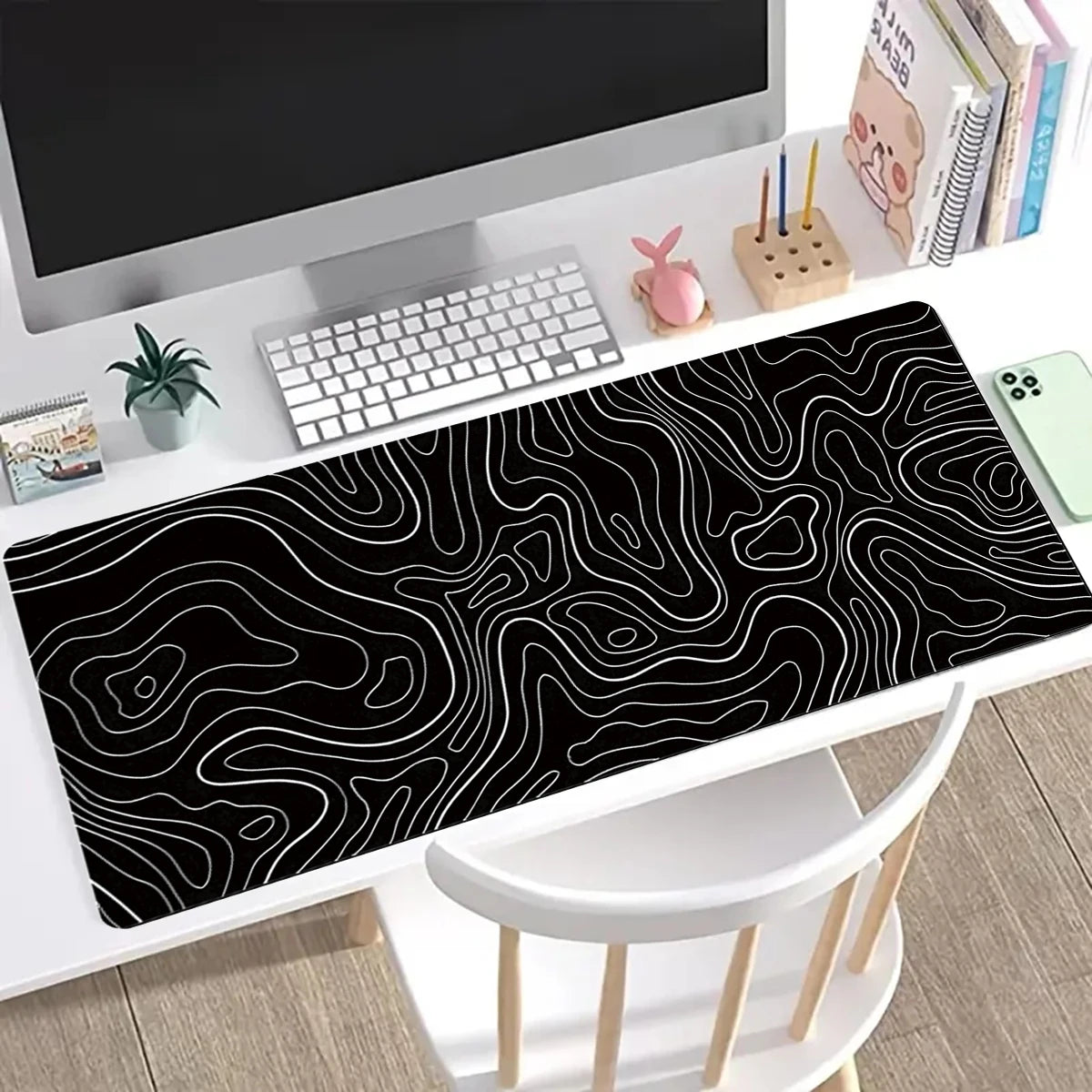 1 Pièce - Tapis de Souris Gaming Grand Format  Tapis de Clavier 31,5 x 11,8 pouces | Design Topographique Noir et Blanc | Surface Lisse & Base Antidérapante