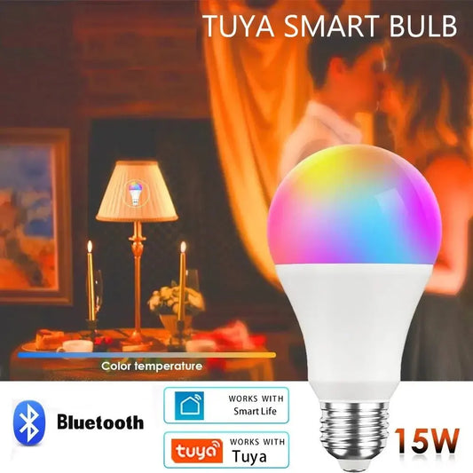 Ampoule LED intelligente 15W E27 Tuya – contrôle via l'application Smart Life, RGB dimmable, compatible avec la maison et la chambre, AC 85-265V.